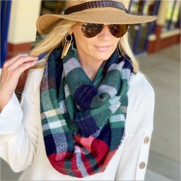 Infinity Raine Accessories - Green/Navy/Red Plaid Infinity Scarf